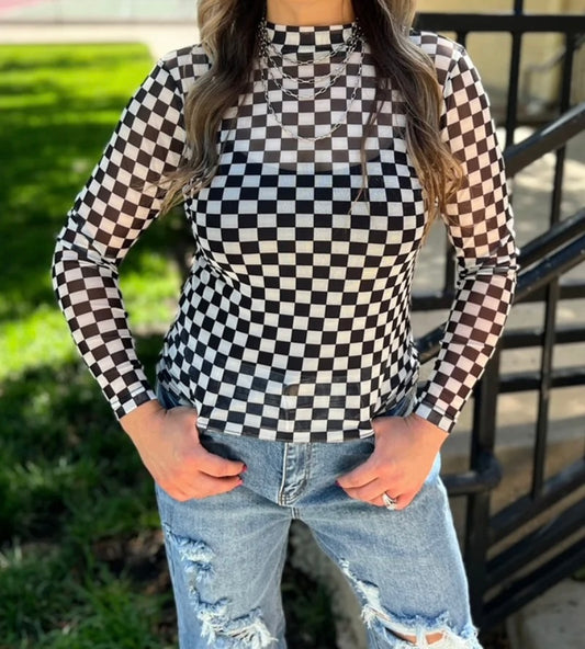 Black and White Checkered Mesh Longsleeve | School Spirit Wear Collection